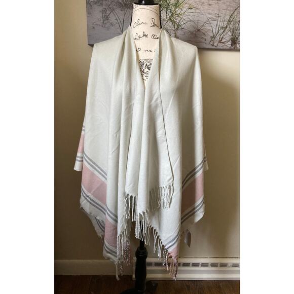 NWT Siizu Causebox blush pink/grey/cream stripe poncho scarf shawl, one size - Picture 2 of 12